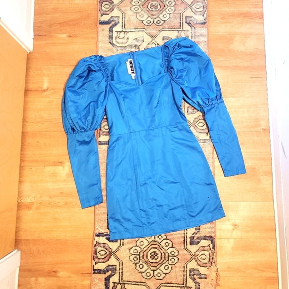 Blue Satin Puff Sleeve Dress - Picture 2 of 7